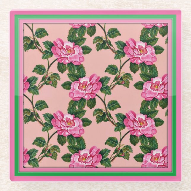 Blumenmuster Rosa Gerahmtes Land Glasuntersetzer (Vorderseite)
