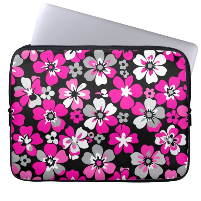 Blumenmuster Rosa Grau Weiß Schwarz  Laptopschutzhülle (Vorderseite)