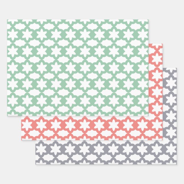 Blumenmuster Rosa Grün und Grau Geschenkpapier Set (Set)