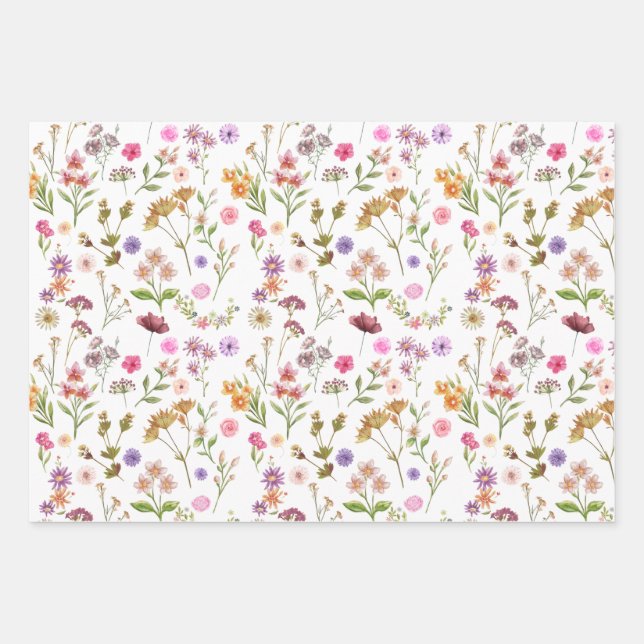 Blumenmuster - rosa, lila, grün geschenkpapier set (Vorderseite)