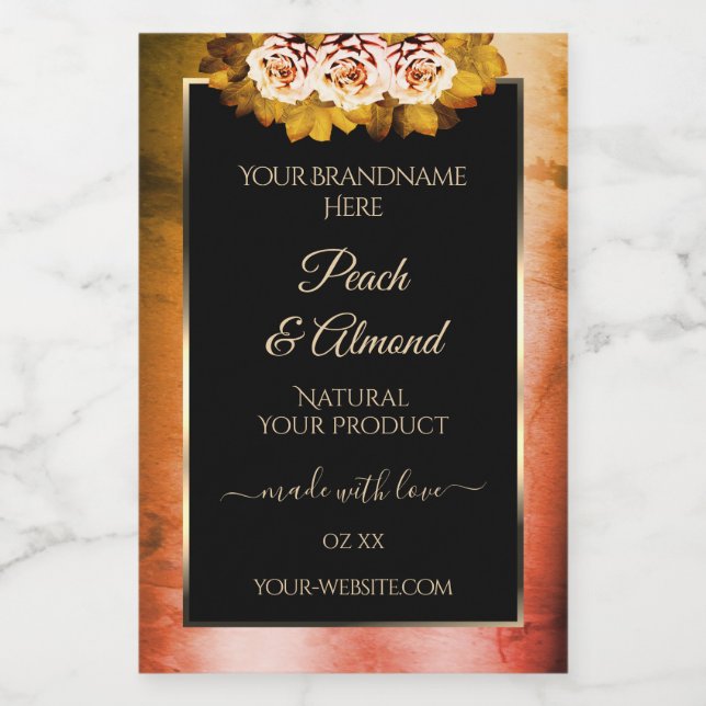 Blumenmuster-Rose Orangefarbenes schwarzes Marmorl Lebensmitteletikett (Einzelnes Label)