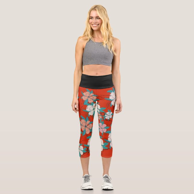 Blumenmuster Rot und Rosa Blume Capri Leggings (Vorderseite)