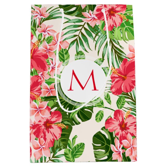 Blumenmuster Roter Hibiskus Monogram M Geschenktas Mittlere Geschenktüte (Vorderseite)