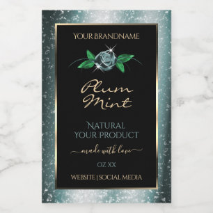 Blumenmuster Schwarz mit dunklen Türkis Glitter Pr Lebensmitteletikett