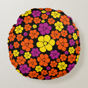 Blumenmuster - Schwarz, Pink, Orange und Gelb Rundes Kissen
