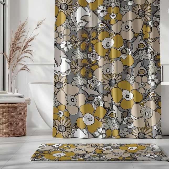 Blumenmuster Senf Beige Taupe Grau Schwarz   Duschvorhang (Von Creator hochgeladen)