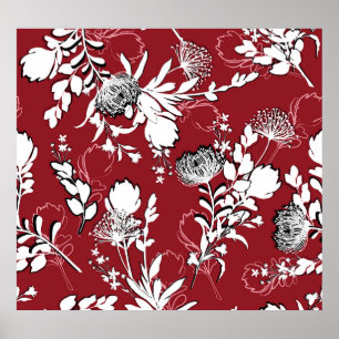 Blumenmuster Silhouette, buntes botanisches Muster Poster