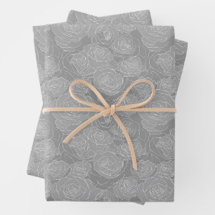 Blumenmuster   Stahlgraue Rosen Geschenkpapier Set