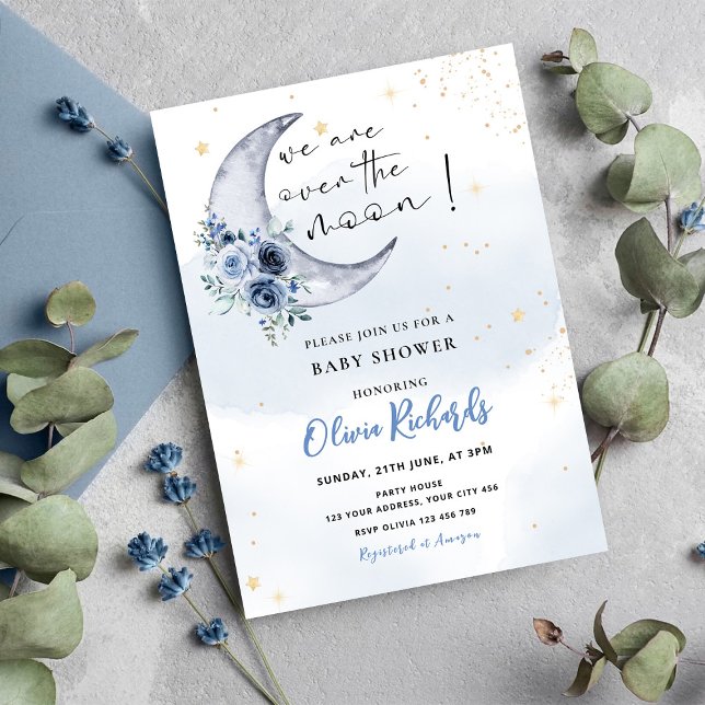 Blumenmuster über der Mond-Babydusche Einladung (Von Creator hochgeladen)