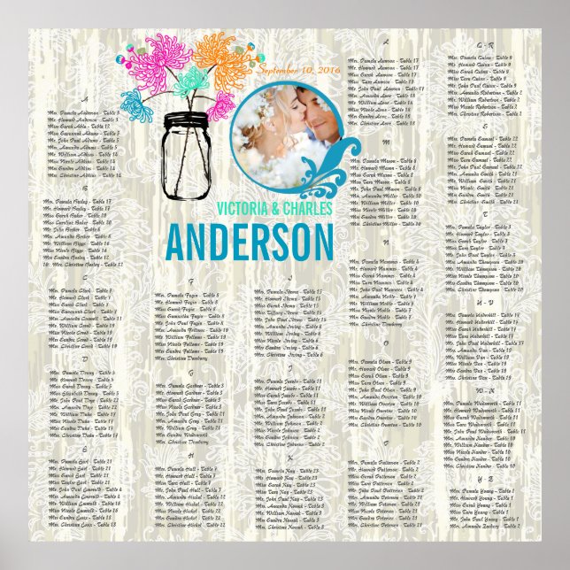 Blumenmuster Vintag Modern Mason JAR Sitzkarte Poster (Vorne)