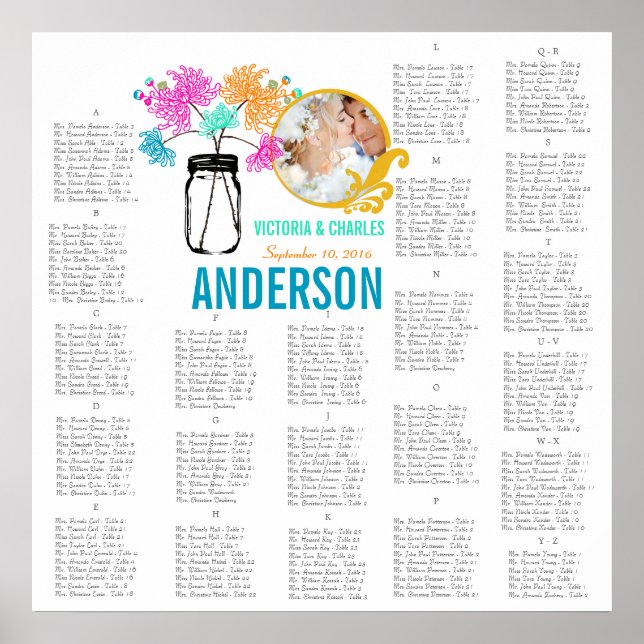 Blumenmuster Vintag Modern Mason JAR Sitzkarte Poster (Vorne)