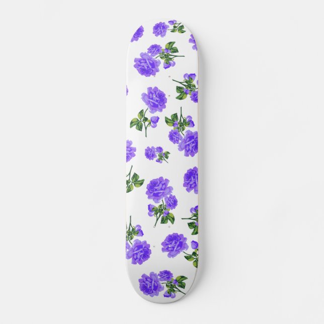 Blumenmuster: violette Blumen auf weiß Skateboard (Vorderseite)
