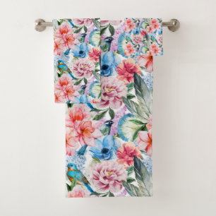 Blumenmuster Vögel Blätter Blumen Grün Blau Badhandtuch Set