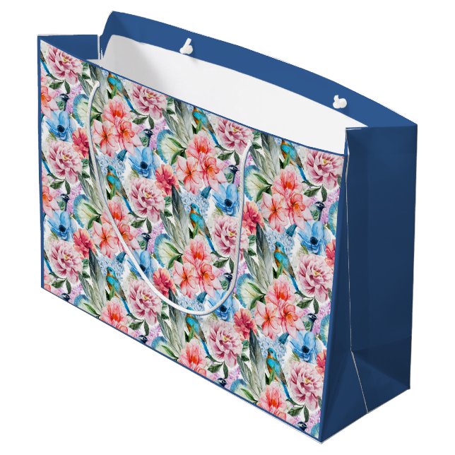 Blumenmuster Vögel Folies Blume Grün Blau Große Geschenktüte (Rückseite Schrägansicht)