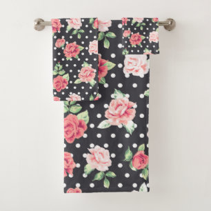 Blumenmuster Weißpolka-Punkt auf schwarzem Hinterg Badhandtuch Set