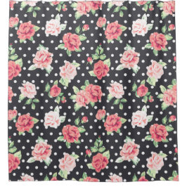 Blumenmuster Weißpolka-Punkt auf schwarzem Hinterg Duschvorhang
