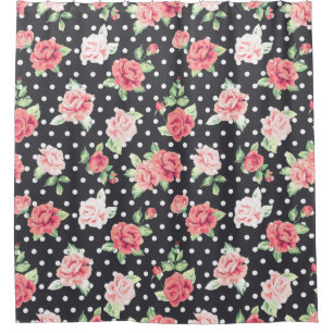 Blumenmuster Weißpolka-Punkt auf schwarzem Hinterg Duschvorhang