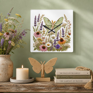 Blumenmuster Wildblume Botanische Luna-Motte Quadratische Wanduhr