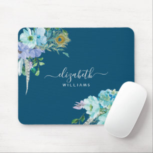 Blumennacht Blaue Minze Blätter Botanische Schrift Mousepad