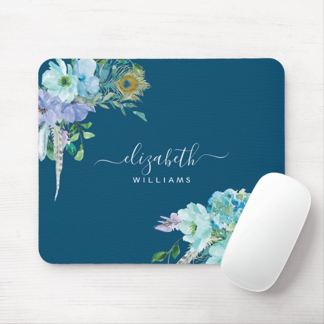 Blumennacht Blaue Minze Blätter Botanische Schrift Mousepad (Mit Mouse)