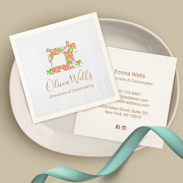 Blumennähmaschine Seamstress Quadratische Visitenkarte (Von Creator hochgeladen)