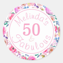 Blumenname Fünfzig und fabelhafte rosa Lila Rose Runder Aufkleber