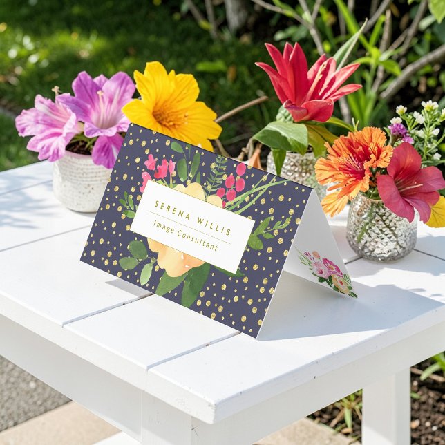 Blumennavy Blau Gold Gelb Punkte Muster Visitenkarten (Von Creator hochgeladen)