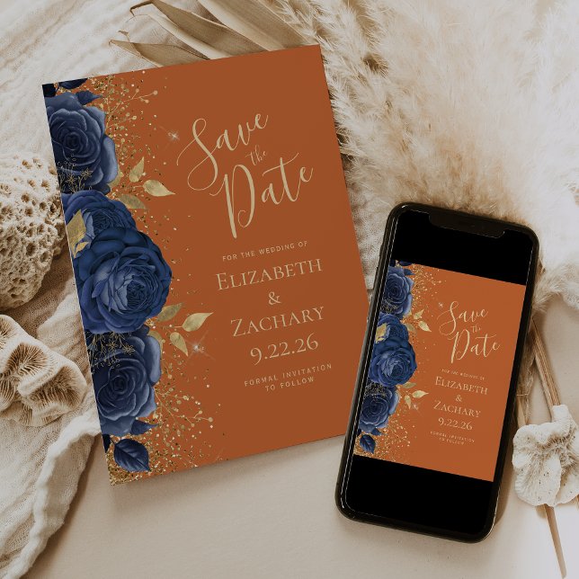 Blumennavy Blue Gold Burnt Orange Save the Date Ankündigung (Von Creator hochgeladen)