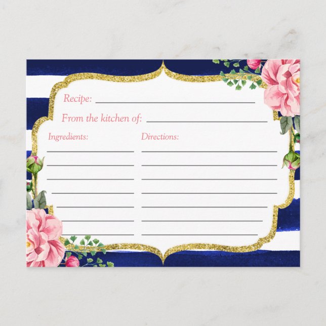Blumennavy Blue Stripes Brautparty Rezept Card Postkarte (Vorderseite)
