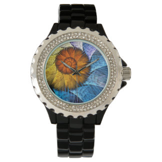 Blumenorange Gelb Blau Abstrakte Kunst Armbanduhr