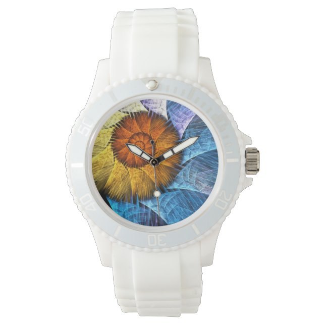 Blumenorange Gelb Blau Abstrakte Kunst Armbanduhr (Vorderseite)
