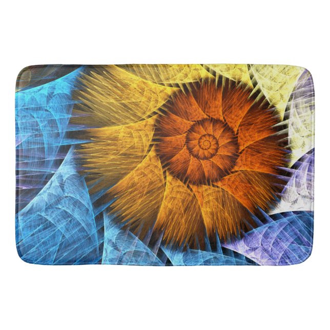 Blumenorange Gelb Blau Abstrakte Kunst Badematte (Vorderseite)