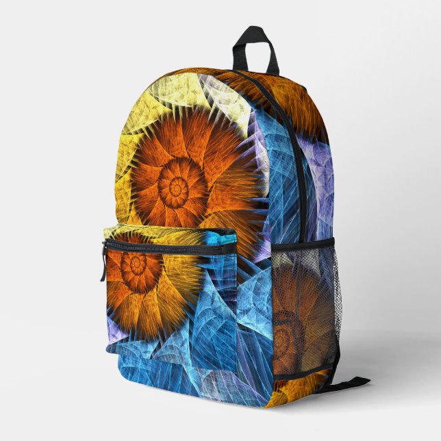 Blumenorange Gelb Blau Abstrakte Kunst Bedruckter Rucksack (Rückseitige Ecke Rechts)