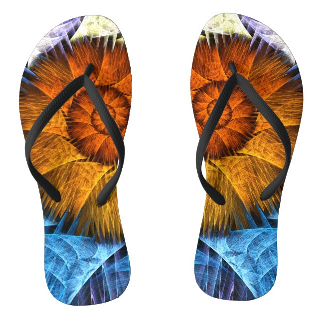 Blumenorange Gelb Blau Abstrakte Kunst Flip Flops (Fußbett)