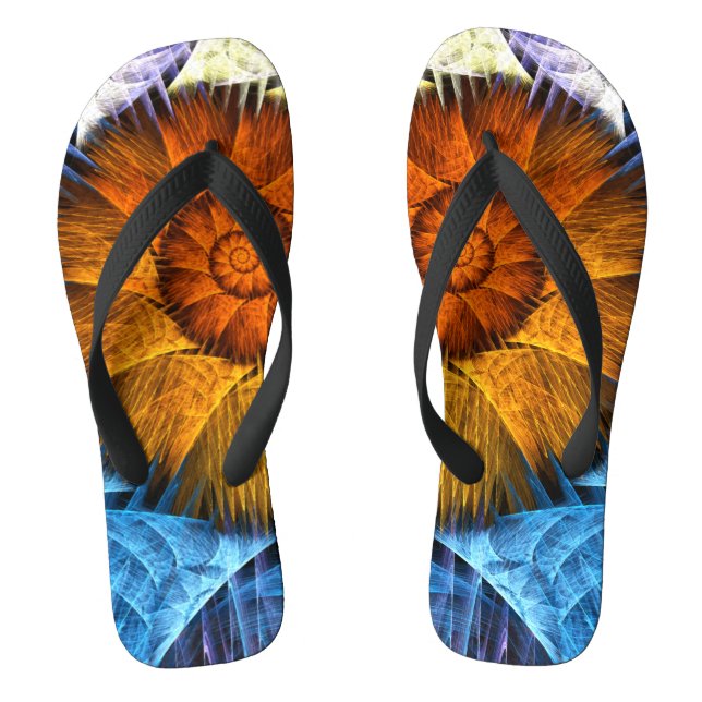Blumenorange Gelb Blau Abstrakte Kunst Flip Flops (Fußbett)
