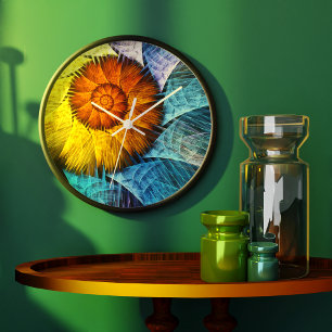 Blumenorange Gelb Blau Abstrakte Kunst Große Wanduhr