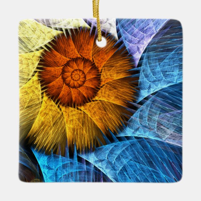 Blumenorange Gelb Blau Abstrakte Kunst Keramikornament (Vorderseite)
