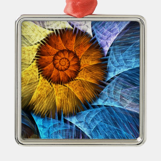 Blumenorange Gelb Blau Abstrakte Kunst Ornament Aus Metall (Vorne)