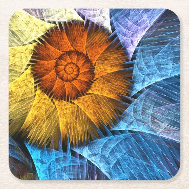 Blumenorange Gelb Blau Abstrakte Kunst Rechteckiger Pappuntersetzer (Vorderseite)