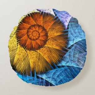 Blumenorange Gelb Blau Abstrakte Kunst Rundes Kissen