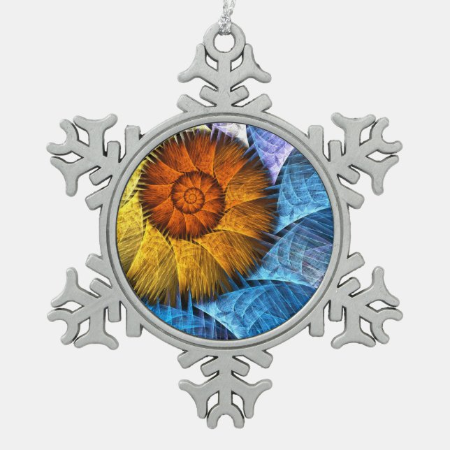 Blumenorange Gelb Blau Abstrakte Kunst Schneeflocken Zinn-Ornament (Vorderseite)