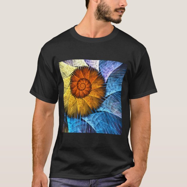 Blumenorange Gelb Blau Abstrakte Kunst T-Shirt (Vorderseite)
