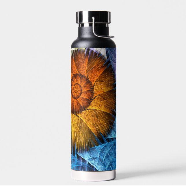 Blumenorange Gelb Blau Abstrakte Kunst Trinkflasche (Links)