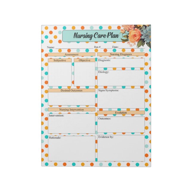 Blumenorange n Blue Polka Dot _ Pflegeplan Notizblock (Rotiert)