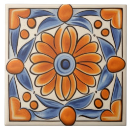 Blumenorange und blaue mediterrane Blume Fliese