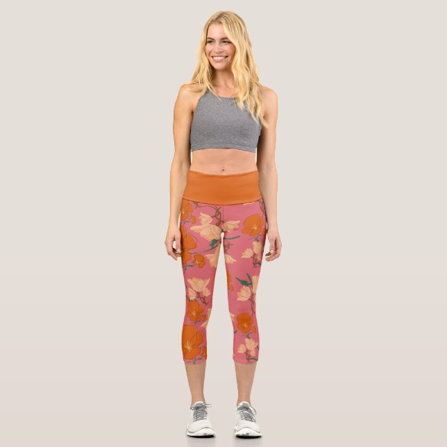 Blumenorange und rosa Muster Capri Leggings (Vorderseite)