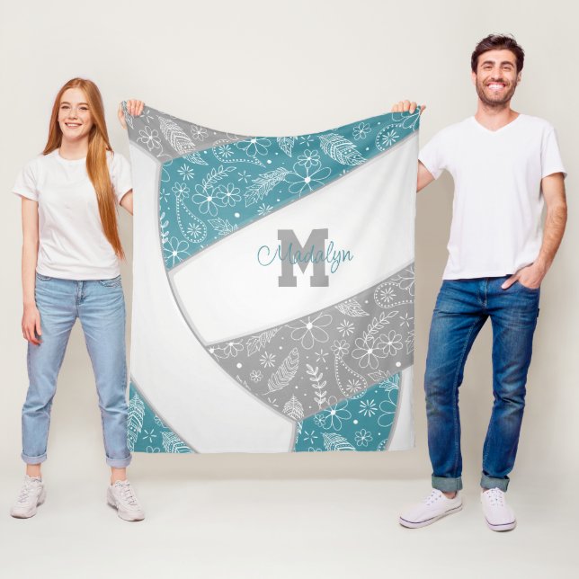 Blumenpaisley-Federn aquamarines graues Boho-Volle Fleecedecke (Beispiel)