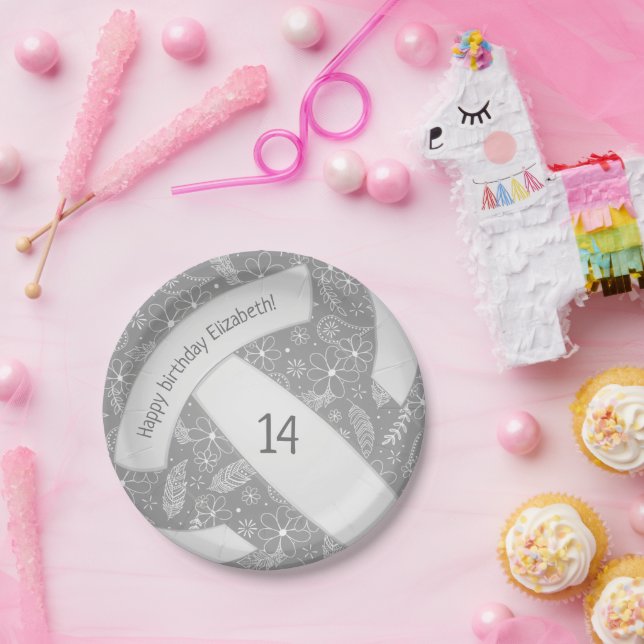 Blumenpaisley Federn Doodles Grauvolleyball Pappteller (Party)