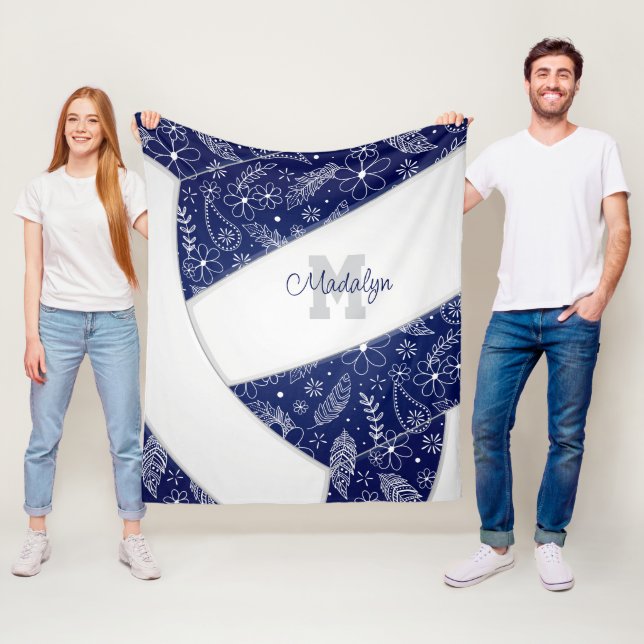 Blumenpaisleys marineblau, weißer Volleyball Fleecedecke (Beispiel)