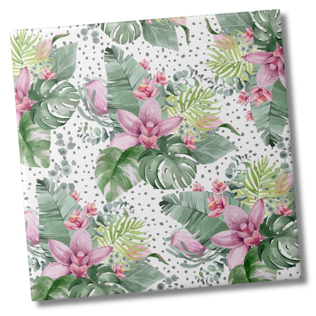 Blumenpalme Wasserfarben Botanisches tropisches Mu Fliese (Cute Trendy Dot Floral Watercolor Tropical Pattern Ceramic Tile)